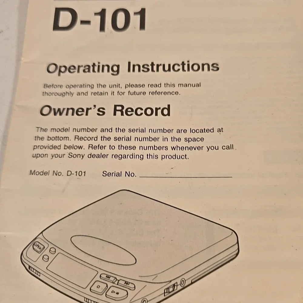 Operating Instructions only for Sony D-101 Discman Personal CD‎ Player
